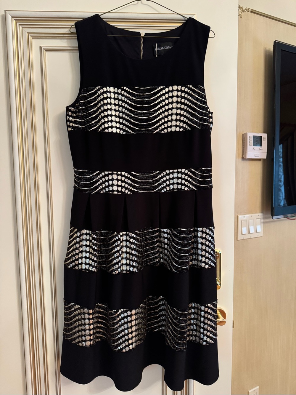 Frank Lyman Design Black Dress with Silver Sequin Wave Bands